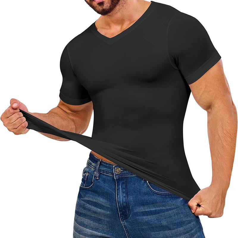 Men V Neck Compression Shirts Short Sleeved Body Shaper Slimming Undershirt Workout Abs Abdomen Tummy Control Shapewear Tops