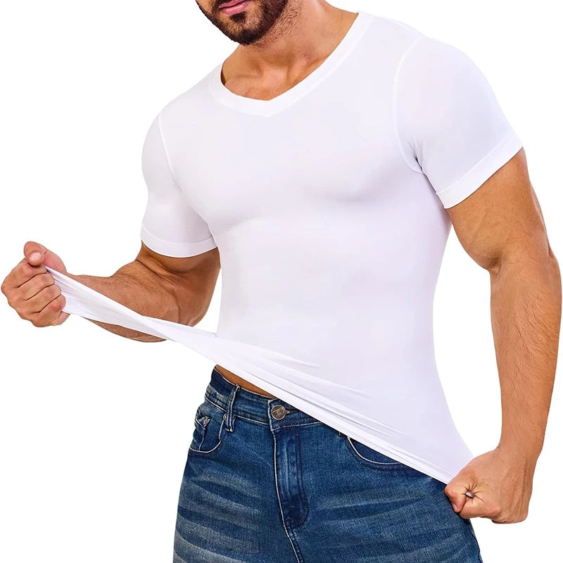 Men V Neck Compression Shirts Short Sleeved Body Shaper Slimming Undershirt Workout Abs Abdomen Tummy Control Shapewear Tops