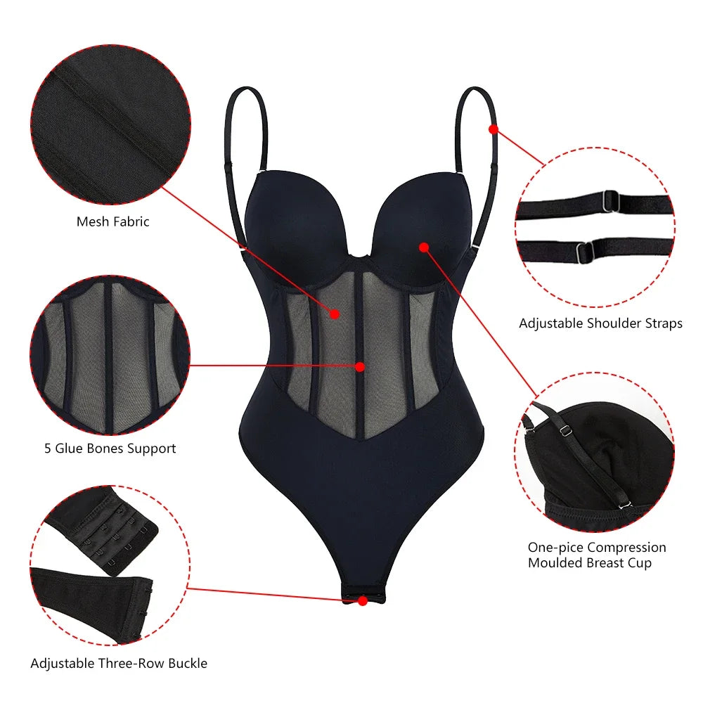 Strap Bodysuit Plus Size Women's Body Shaper Compression Bodysuit One Piece Backless Shapewear Slimming Underwear Black Beige