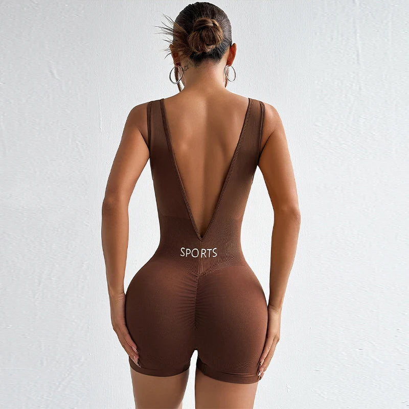 New Solid Color Deep V Backless Yoga Jumpsuit Sexy Tight Fitting Short Shapewear Fitness Clothes Women Bodysuit Women Clothes
