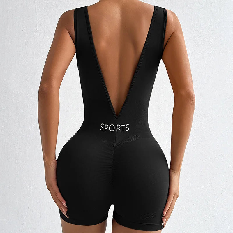 New Solid Color Deep V Backless Yoga Jumpsuit Sexy Tight Fitting Short Shapewear Fitness Clothes Women Bodysuit Women Clothes